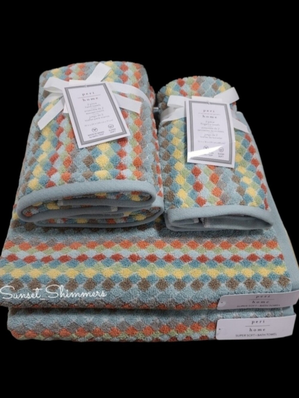 6pc Peri Home Multicolored  Diamond Mosaic Tile Bath Hand Tip Towel Set New
